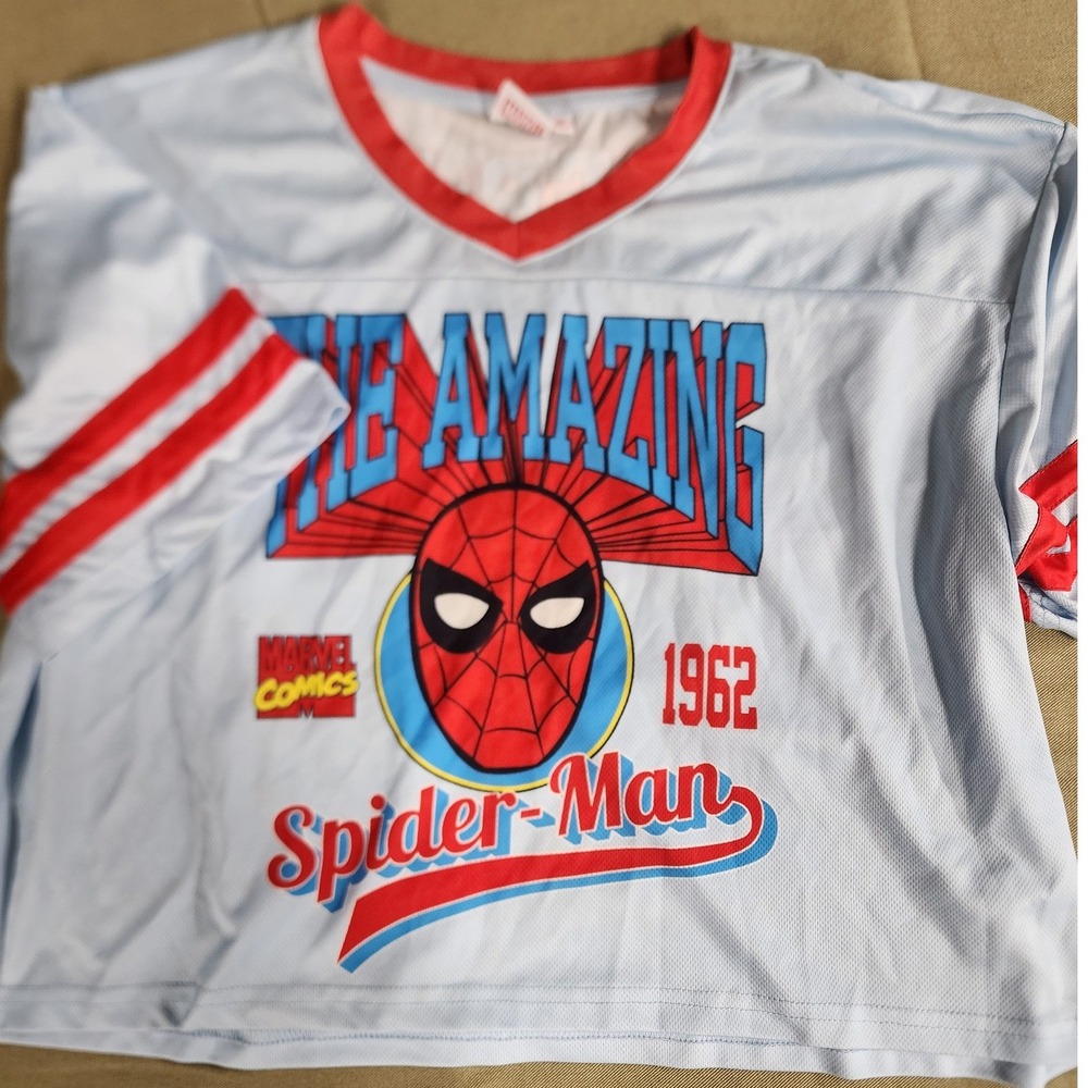 🕷Marvel Comics Spider-Man Graphic Mesh Cropped Top Jersey. Streetwear Y2K retro